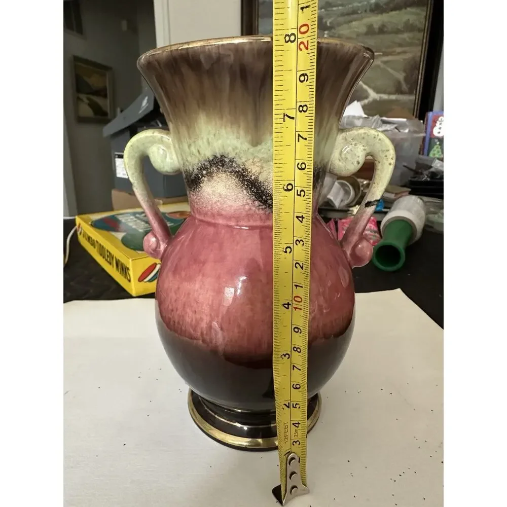 Vintage Hand Painted Pink Green & Brown Drip Glaze Gold Trim West German MCM 8”T
